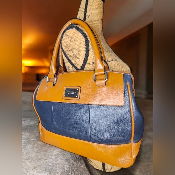 Tignanello Two-Tone Leather Satchet/Shoulder Bag In Blue & Tan - Picture 9 of 14